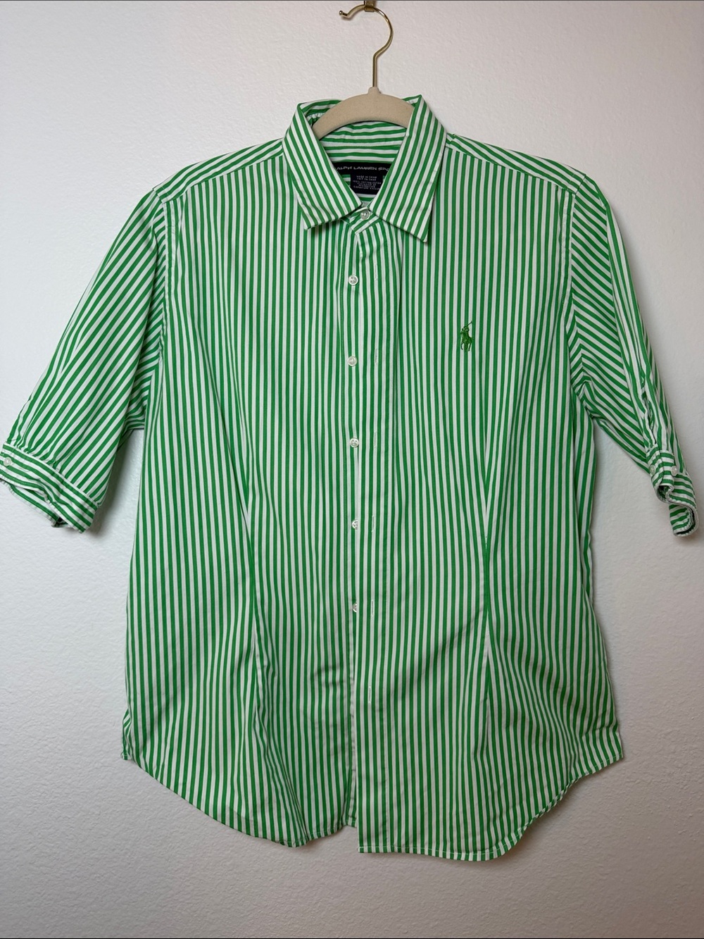Ralph Lauren Green and White Vertical Stripe Button-Down Shirt